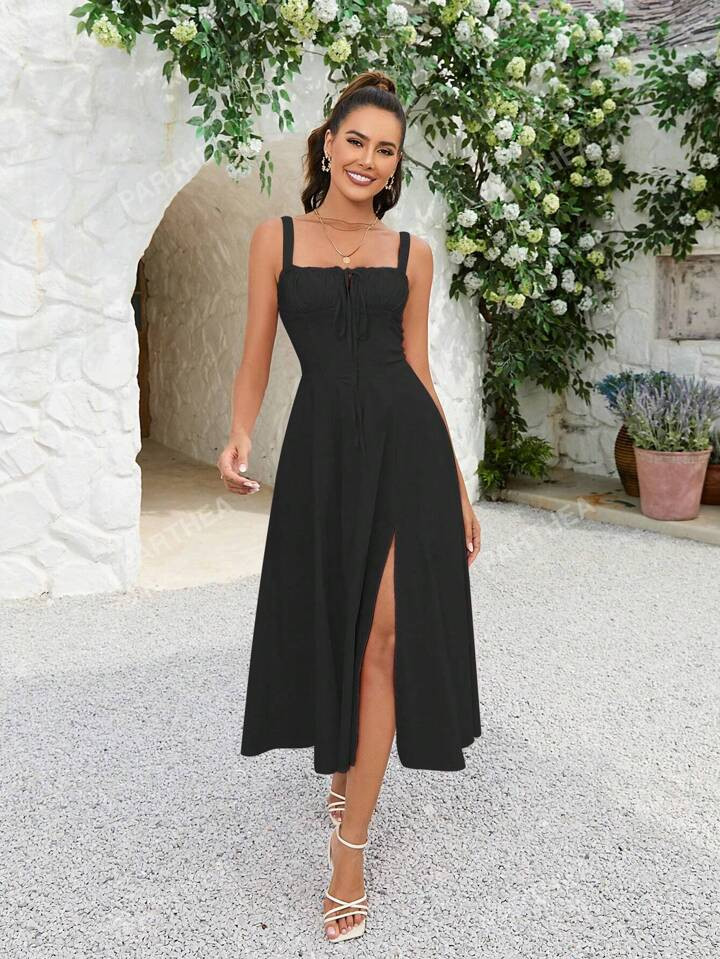 PARTHEA Tie Front Slit Thigh Boning Ruched Cami Bodycon Long Dress | SHEIN