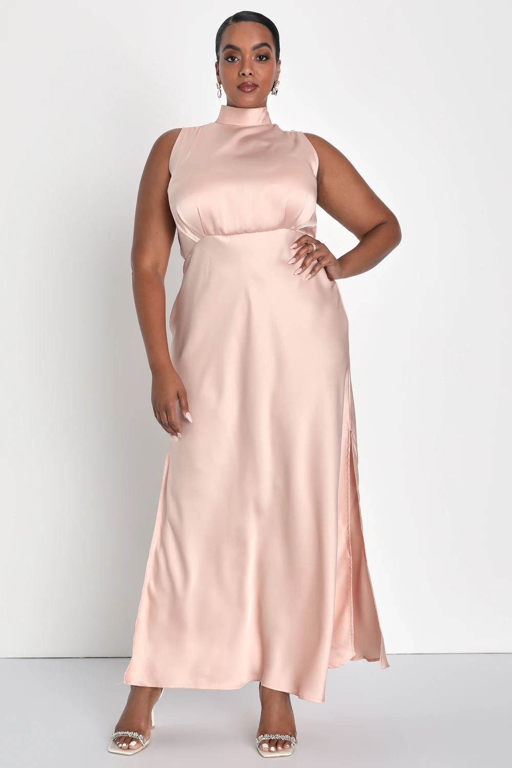 Classic Elegance Blush Satin Sleeveless Mock Neck Maxi Dress
            Lulus
         $88
     ... | Lulus