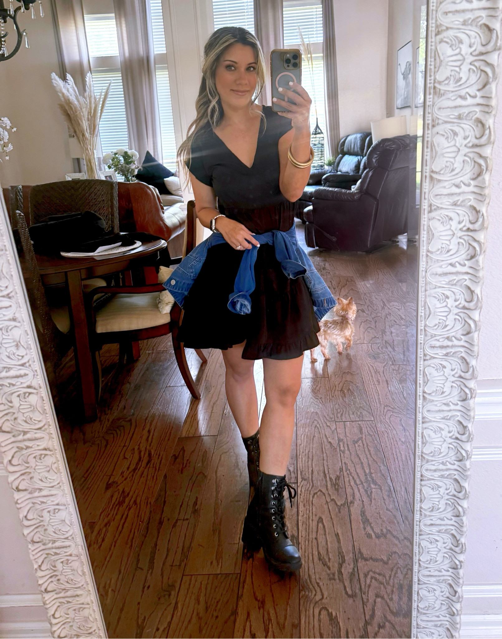 September outfit. Fall outfit. Combat boots. Denim jacket and black dress  

#LTKSeasonal #LTKOver40 #LTKShoeCrush