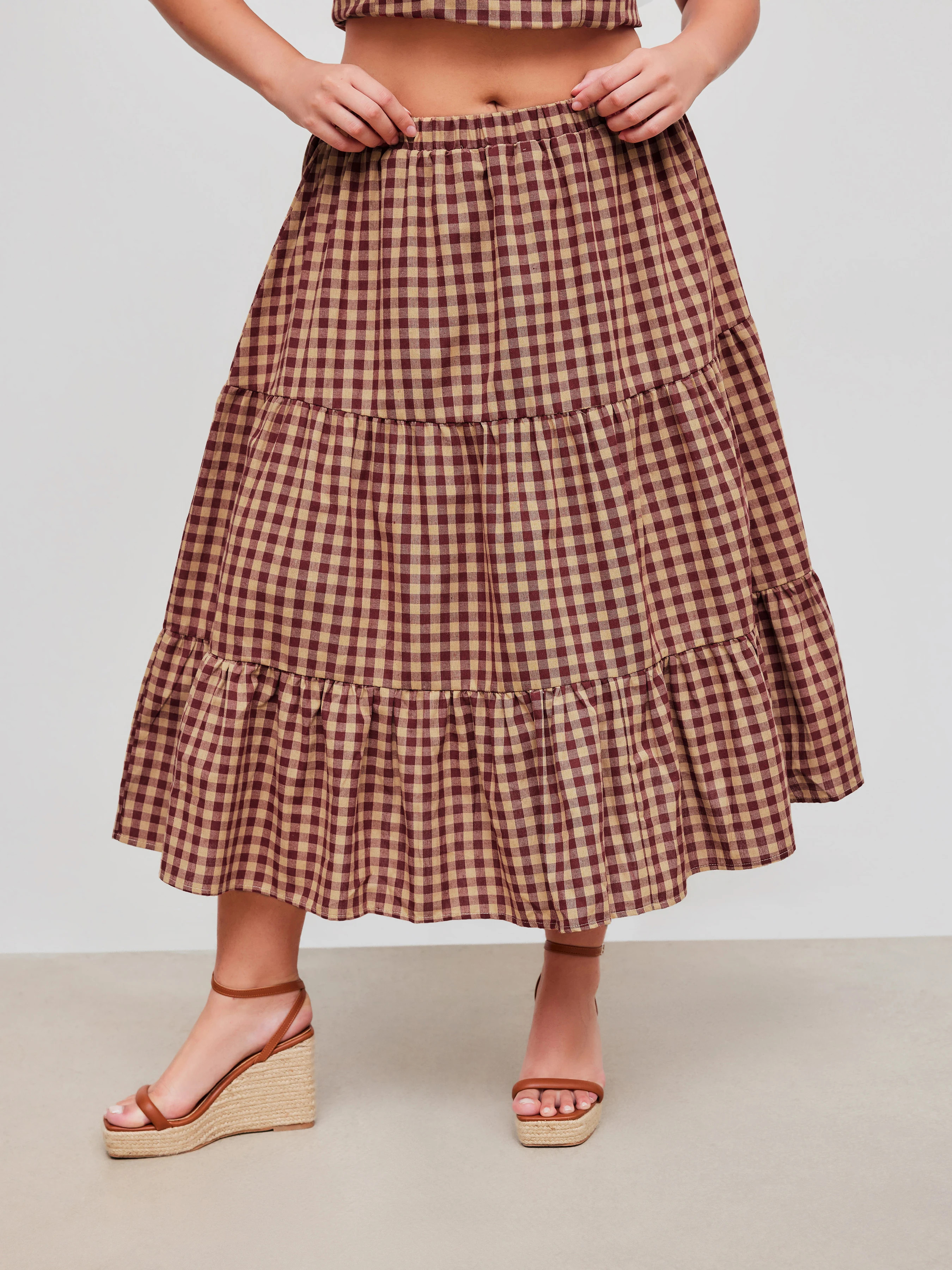 Woven Cotton Cotton-blend Mid Rise Check Layered Maxi Skirt Curve & Plus For Daily Casual | Cider