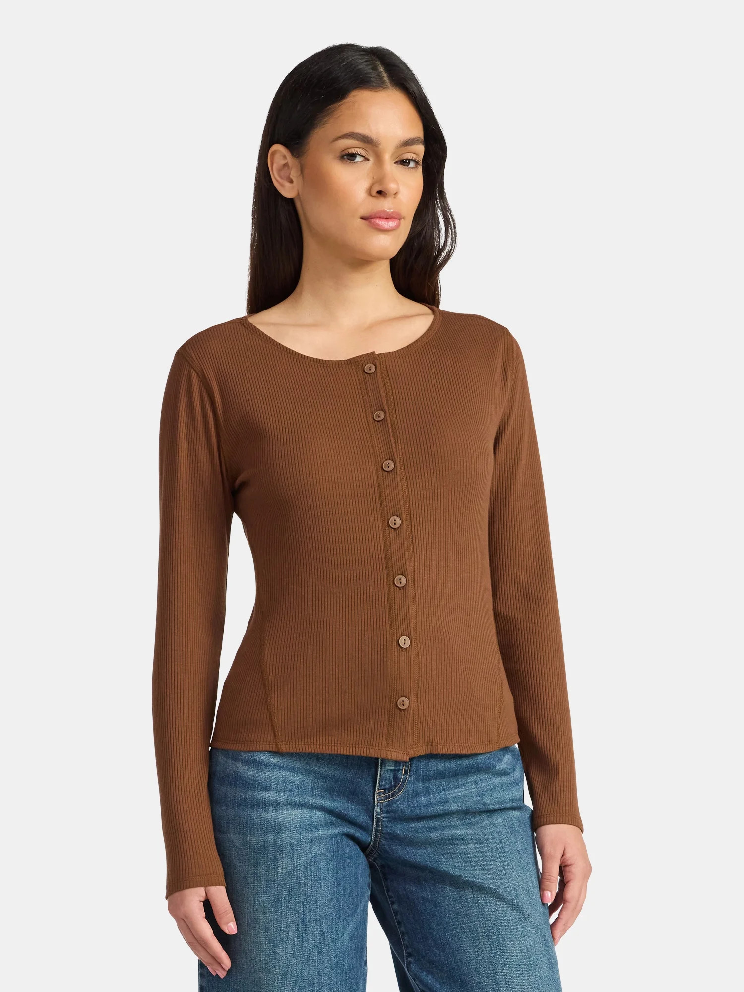 Time and Tru Women's Ribbed Knit Button Front Top, Sizes XS-XXXL | Walmart (US)