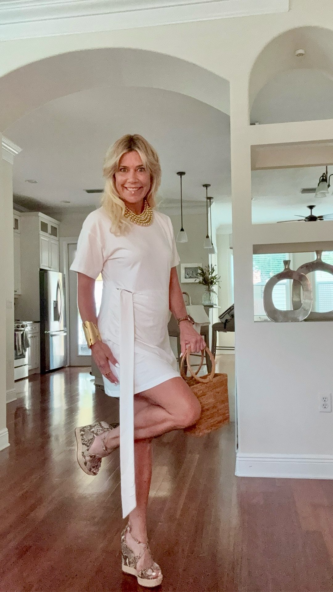 Elevating this ivory side tie t-shirt dress with jewelry and snakeskin wedges by LK Bennett (old). Dress runs big. Wearing an XS.

#LTKShoeCrush #LTKSeasonal #LTKOver40