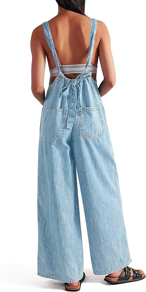 POTILI Denim Overalls for Women Jean Jumpsuit Wide Leg Adjustable Tie-Back Straps Loose Fit Baggy Jumpers Rompers | Amazon (US)