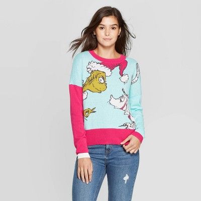 Women's Grinch & Max Ugly Holiday Graphic Sweater (Juniors') - Aqua | Target