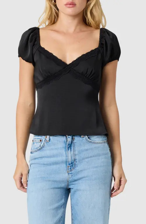 All in Favor Lace Trim Puff Sleeve Satin Top in Black at Nordstrom, Size Medium | Nordstrom