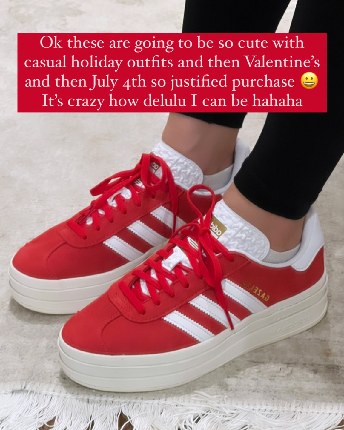 Red gazelle bold IN STOCK / wearing the 6.5, I sized down half

Red adidas gazelle bold platforms 

#LTKHoliday #LTKshoecrush #LTKstyletip