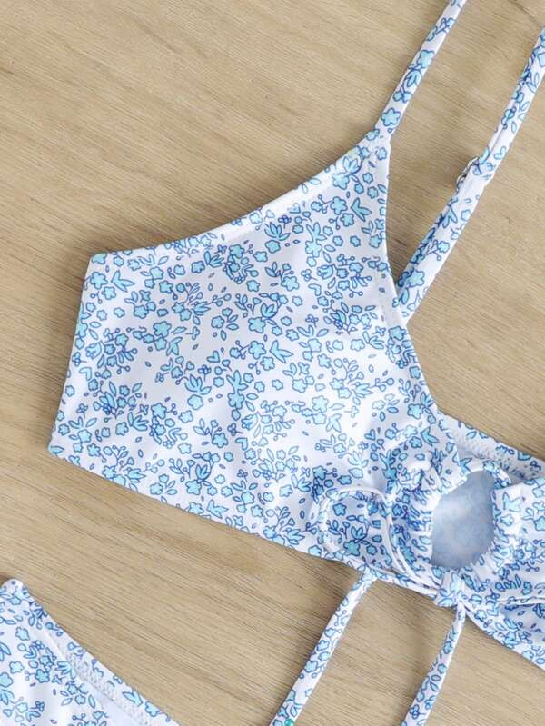 Ditsy Floral Tie Front Bikini Swimsuit | SHEIN