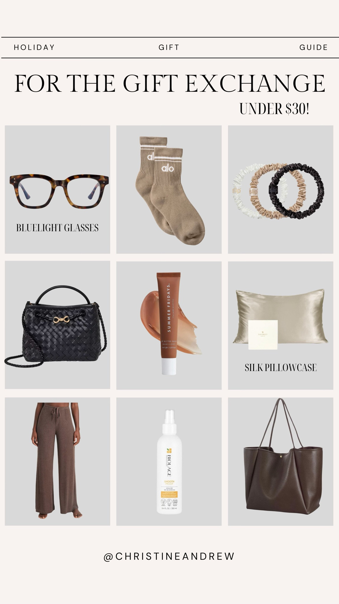 Gift guide for: the gift exchange - under $30!  Gift ideas for friend gift exchange, secret santa, white elephant parties ✨

Gifts for her, gift guide, gift exchange gifts, white elephant gifts, friend gift, sister gift, mom gift, alo socks, target pants, target purse, brown leather bag, biolage, blue light glasses, Christine Andrew 

#LTKFindsUnder50 #LTKGiftGuide #LTKHoliday