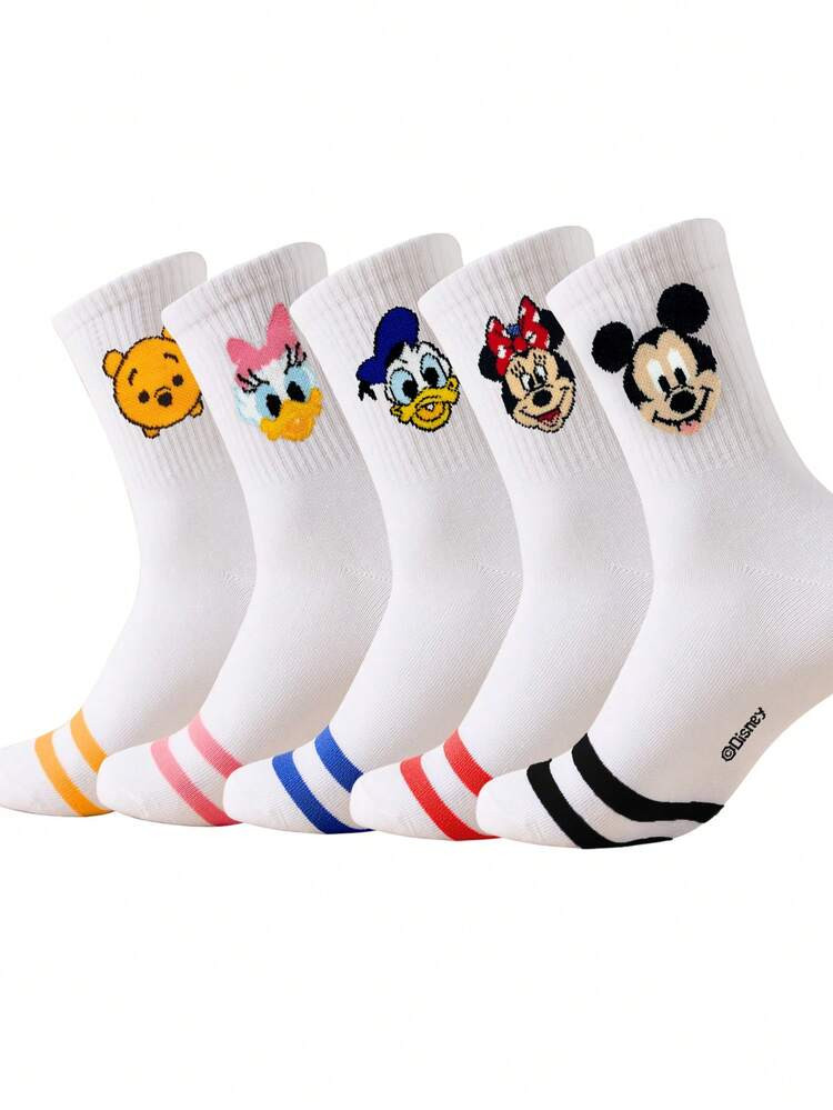 5 Pairs Disney Cartoon Character Crew Socks, Soft & Fun Breathable Socks For Men & Women, Mickey Mouse & Donald Duck Socks | SHEIN