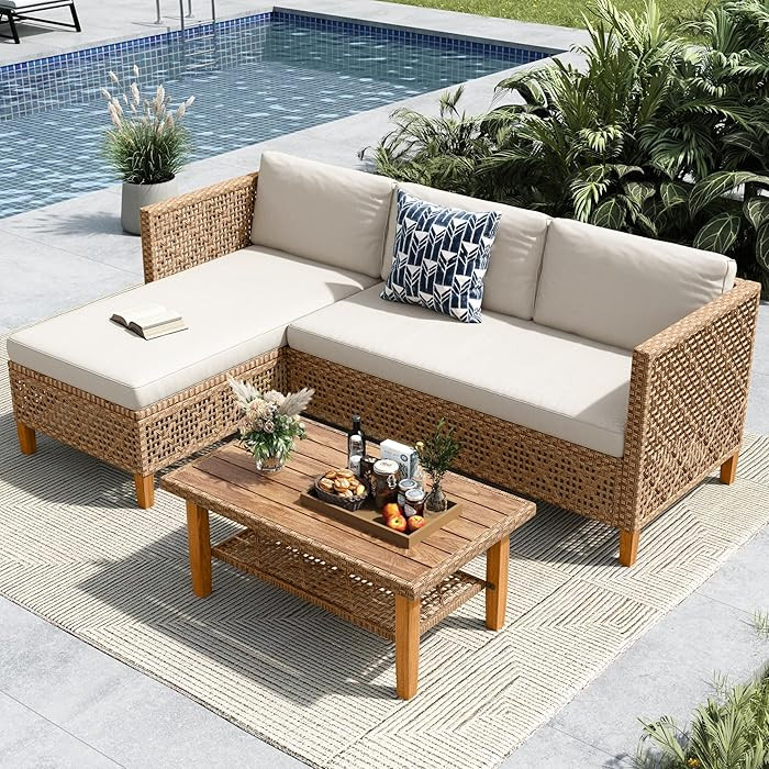MFSTUDIO L Shaped Outdoor Couch Set, Wicker Patio Furniture Set, Rattan Outdoor Sectional Sofa wi... | Amazon (US)
