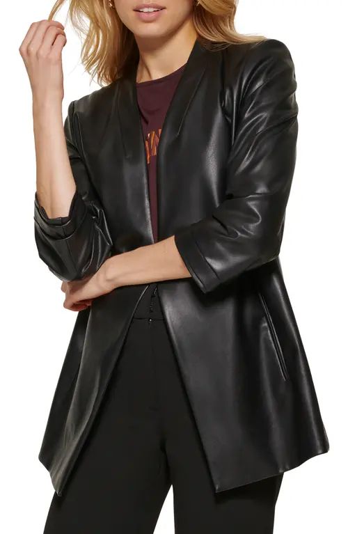 DKNY Ruched Sleeve Faux Leather Blazer in Black at Nordstrom, Size Large | Nordstrom