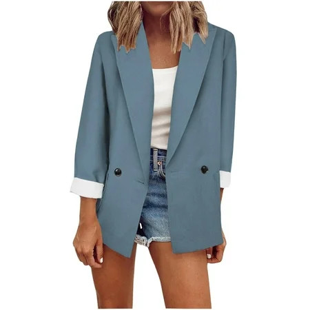 Casual Blazer for Women Long Blazer Jackets Solid Open Front Pockets Cardigan Formal Suit Long Sleev | Walmart (US)