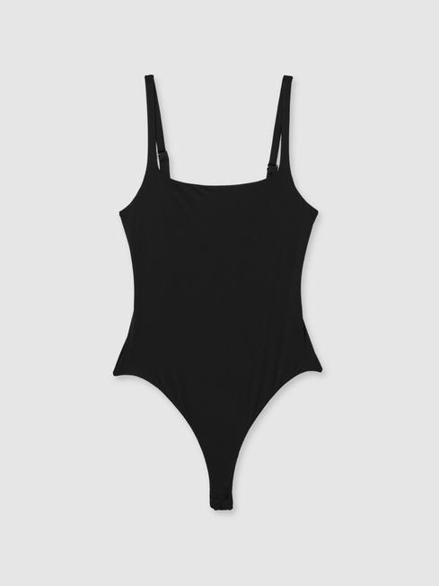 Seamless Square Neck Thong Bodysuit in Black | Reiss UK