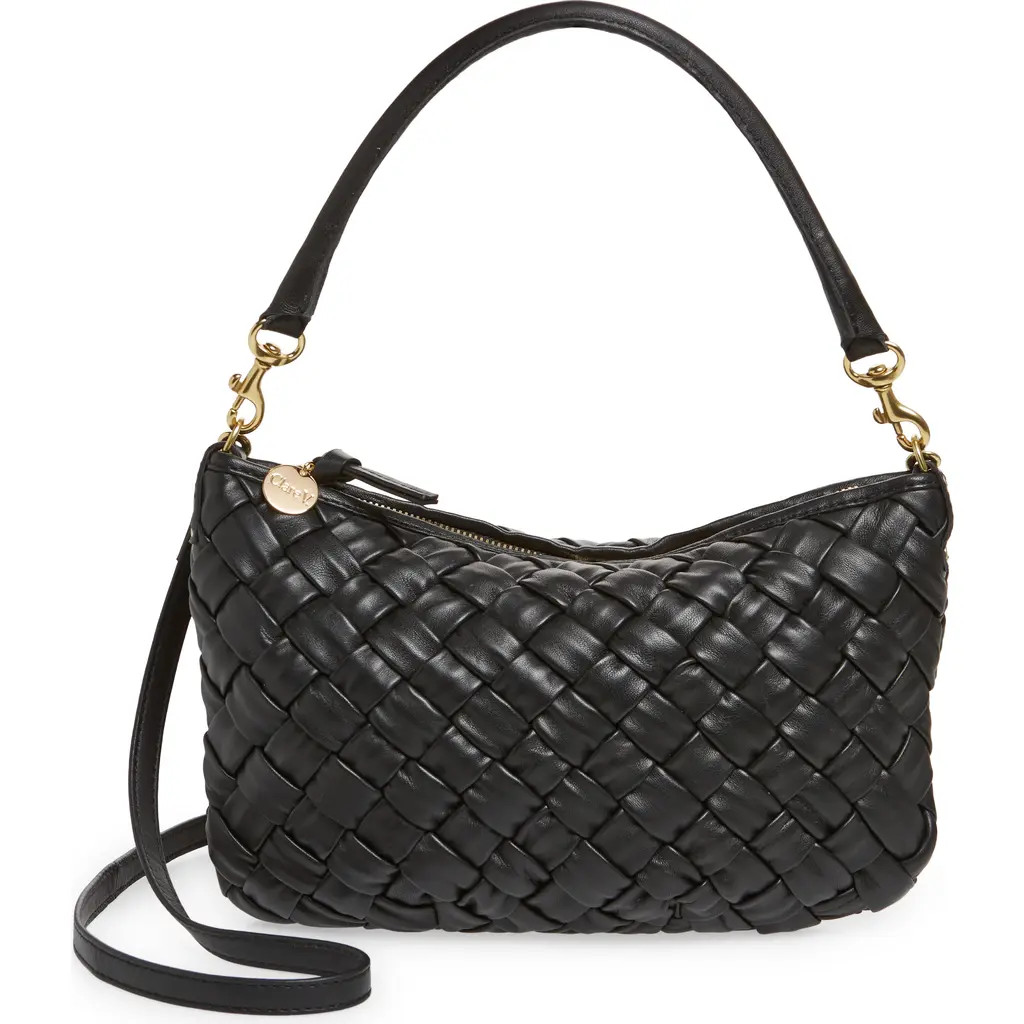 Clare V. Petit Moyen Woven Leather Messenger Bag in Black Puffy Woven at Nordstrom | Nordstrom