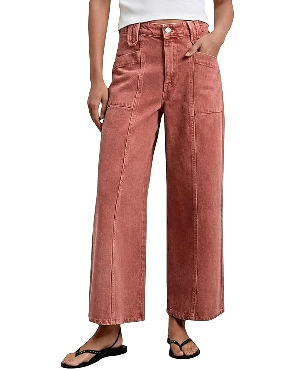Flamingals Mid Rise Wide Leg Pants for Women Solid Seam Front Baggy Loose Fit Pants with Patch Po... | Amazon (US)
