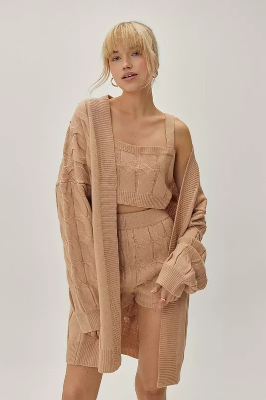 Recycled Knit 3pc Cardigan Short Lounge Set | Nasty Gal (US)