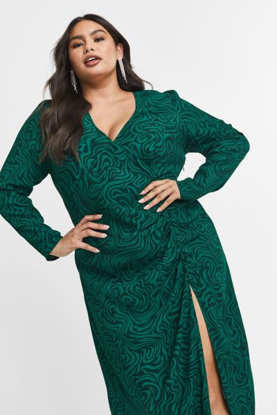 Puff-sleeved Crêped Dress - Dark green/patterned - Ladies | H&M US | H&M (US + CA)