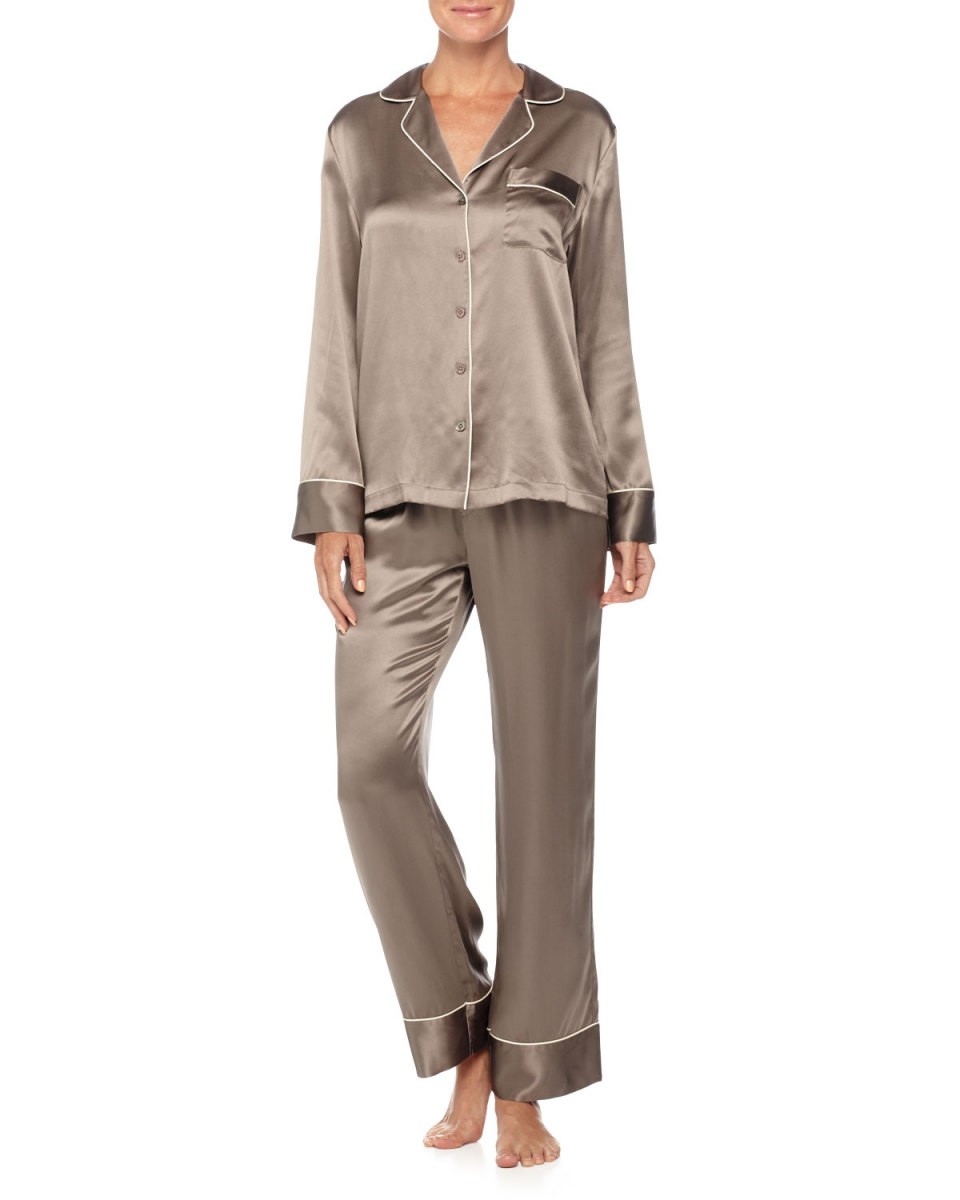 Contrast-Trim Long-Sleeve Silk Pajama Set, Size: LARGE, BRULEE W/BLACK - Neiman Marcus | Neiman Marcus