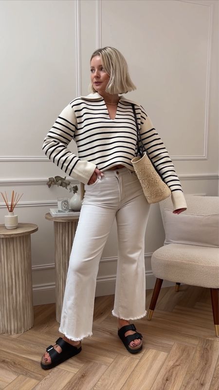 Late summer look transitioning in to autumn. White jeans / stripe jumper 