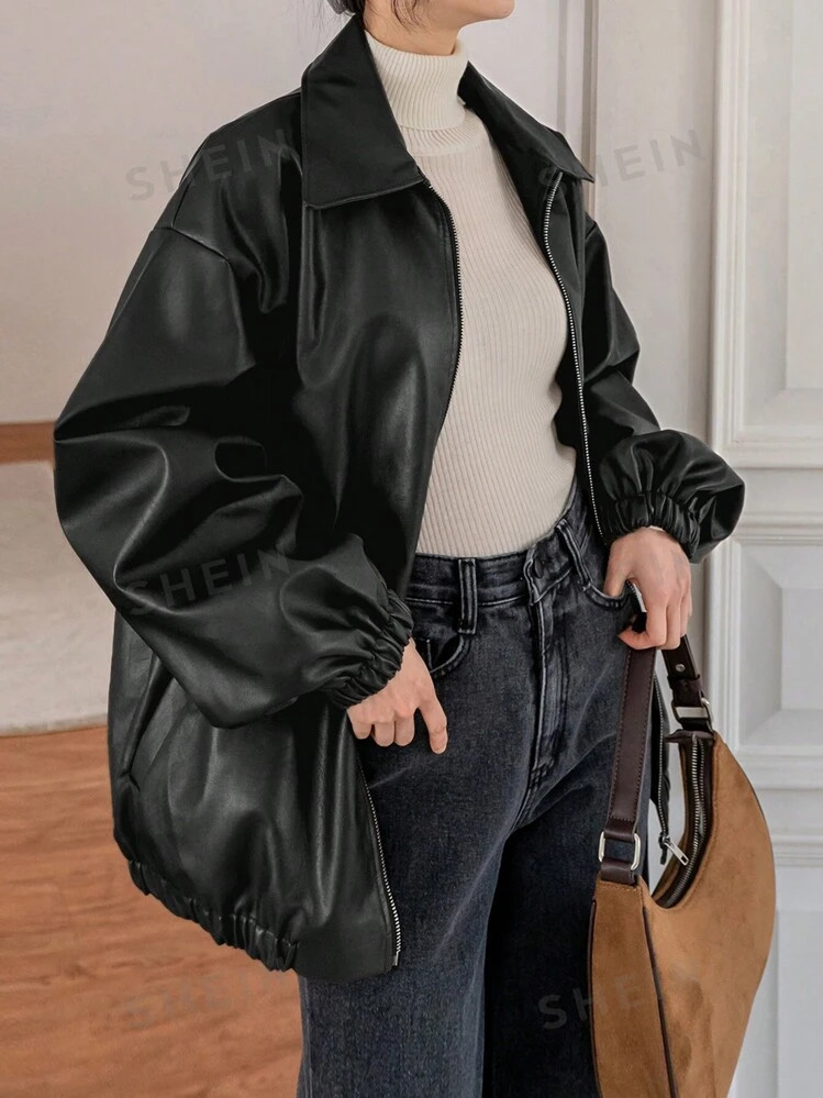 Dazy-Less Drop Shoulder Slant Pockets PU Jacket | SHEIN
