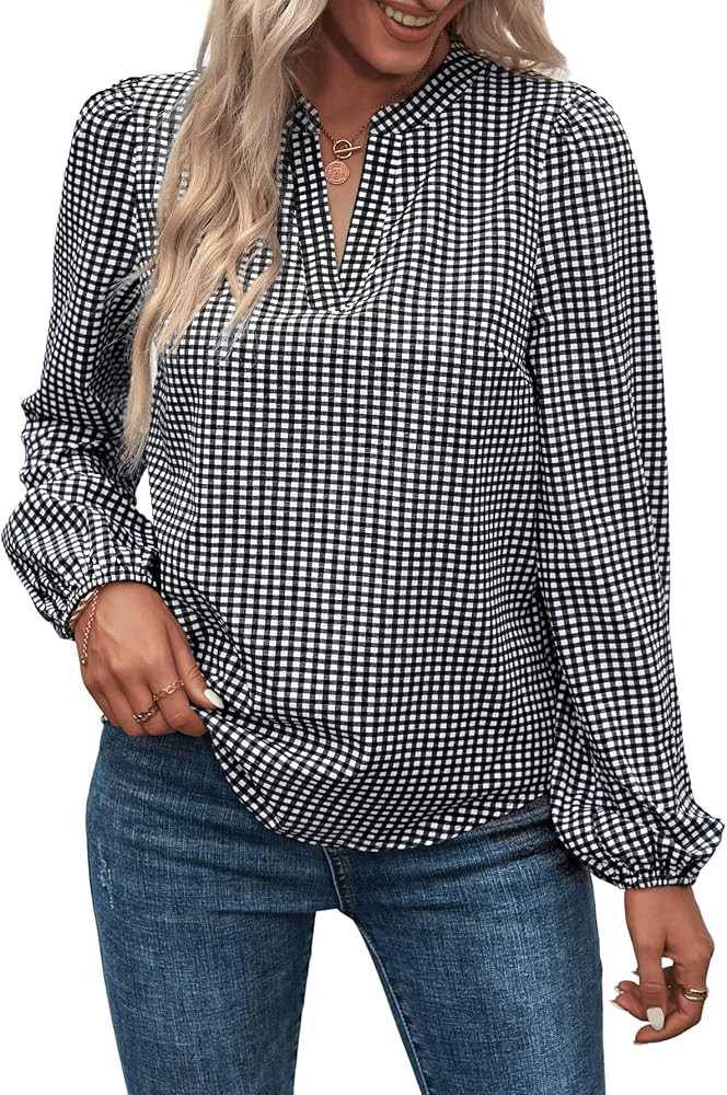 Verdusa Women's Notched Neck Plicated Neckline Longline Sleeve Tunic Blouse Shirt Top | Amazon (US)