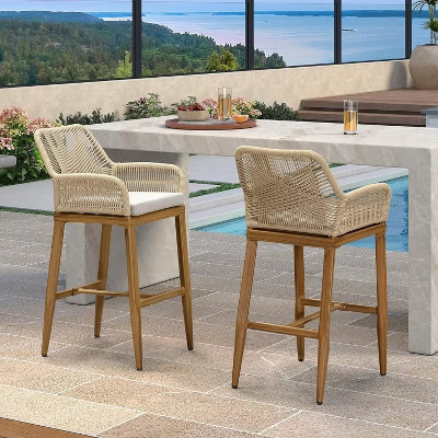 PURPLE LEAF Outdoor Wicker 29" Bar Stools Set of 2 Boho Patio Bar Height Chair with Cushion and Back for Outdoor and Indoor | Target