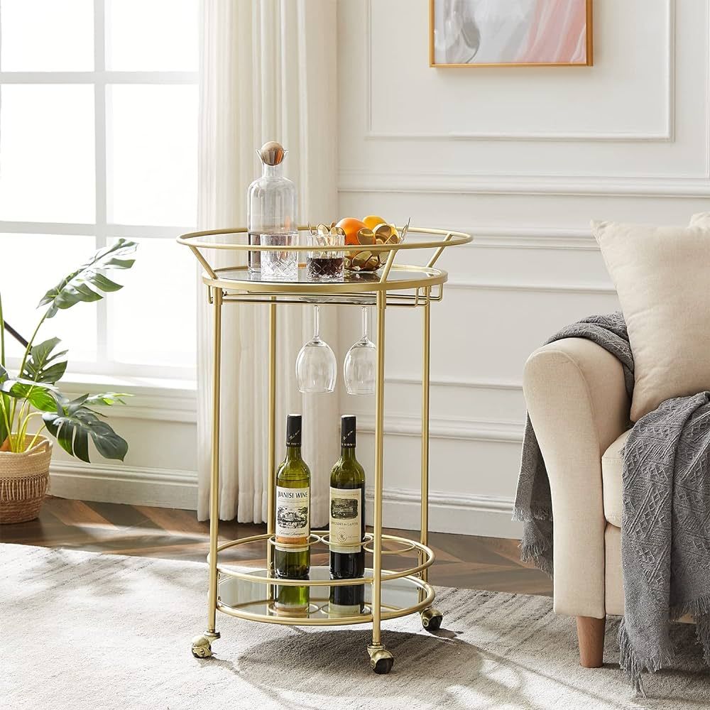 FLORA Round Gold Rolling Bar Cart Wine Rack and Lockable Casters,2 Mirrored Shelves Serving Cart ... | Amazon (US)