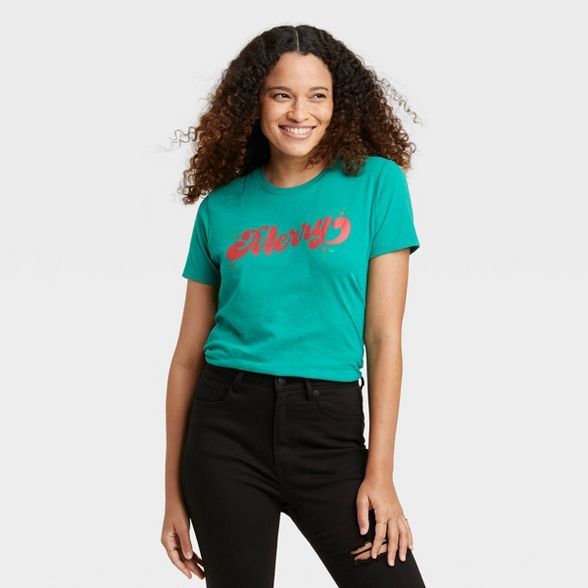Women's Holiday Merry Short Sleeve Graphic T-Shirt - Green | Target