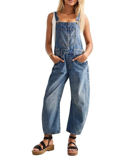 Womens Denim Bib Overalls Barrel Leg Adjustable Strap Jean Jumpsuit | Amazon (US)
