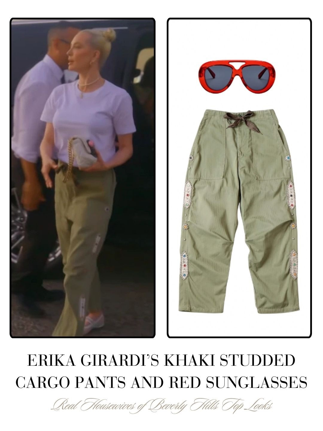 Erika Girardi’s Khaki Studded Cargo Pants and Red Sunglasses 