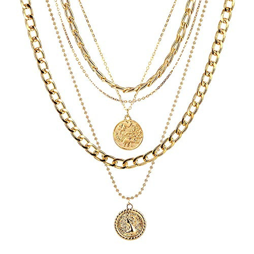 Layered Gold Necklaces for Women Chunky Gold Pirate Necklace Punk 80s 90s Necklace Paperclip Link Chain Choker Necklaces Necklace Dainty Cuban Stacking Coin Pendant Necklace Gold Pirate Jewelry (Layered, Gold) | Amazon (US)