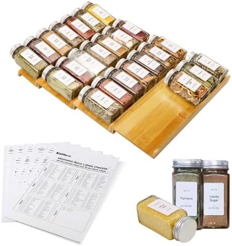 Spice Drawer Organizer with 24 Spice Jars and 216 Labels,Non-slip Rubber, Bamboo 4 Tier Spice Rac... | Amazon (US)