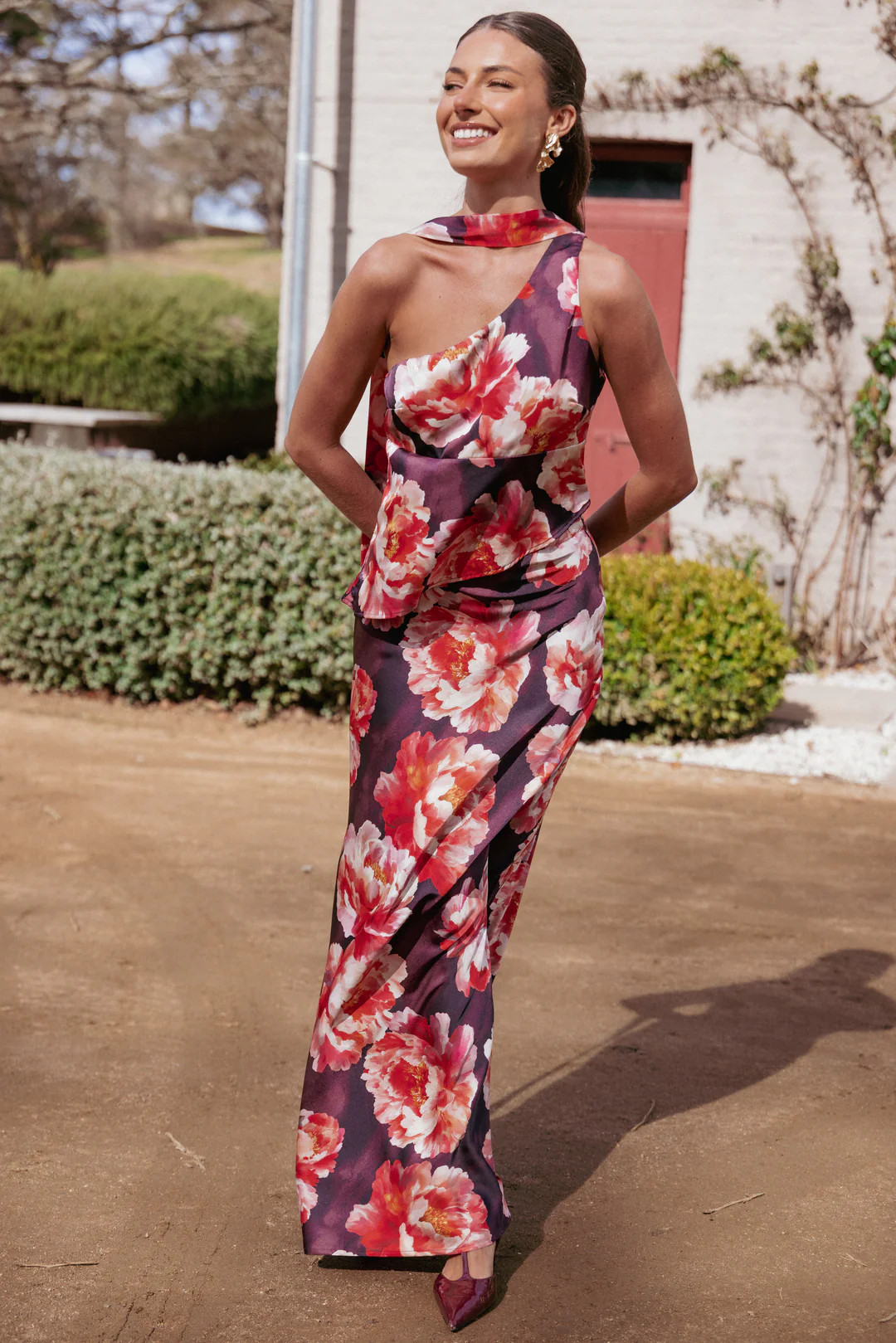 Georgina One Shoulder Skirt Set - Burgundy Peony | Petal & Pup (US)