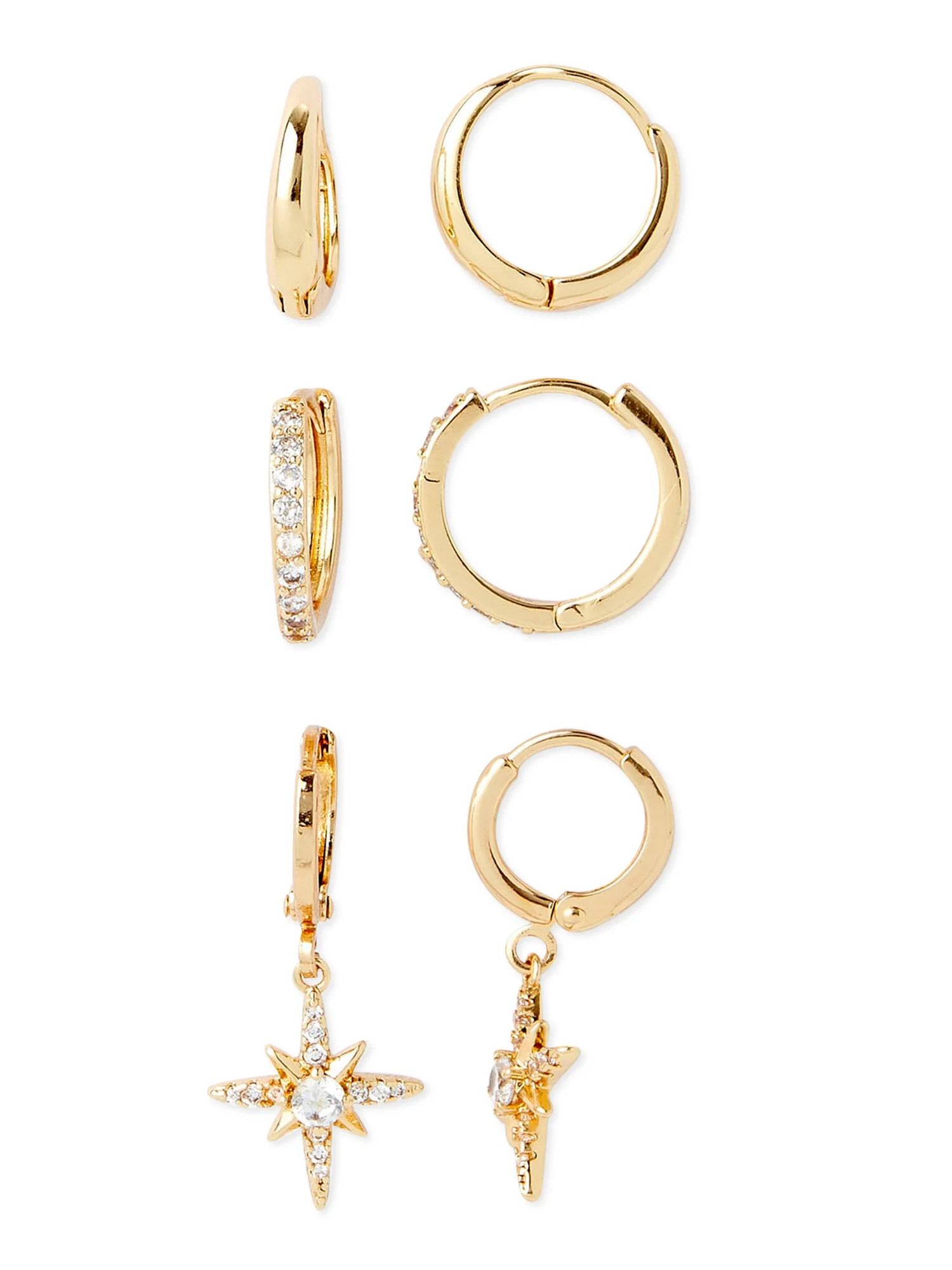 Scoop Womens 14KT Gold Flash-Plated Cubic Zirconia Starburst Hoop Earring Trio, 3-Piece - Walmart... | Walmart (US)