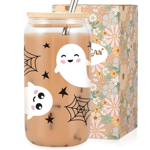 LEADO Halloween Cobweb Ghost Iced Coffee Cup, 16 oz Cute Halloween Glass Cups with Lids and Straws, Boo Basket Stuffers for Her, Spooky Halloween Gifts for Women, Girl - Fall Mug Glass Tumbler | Amazon (US)