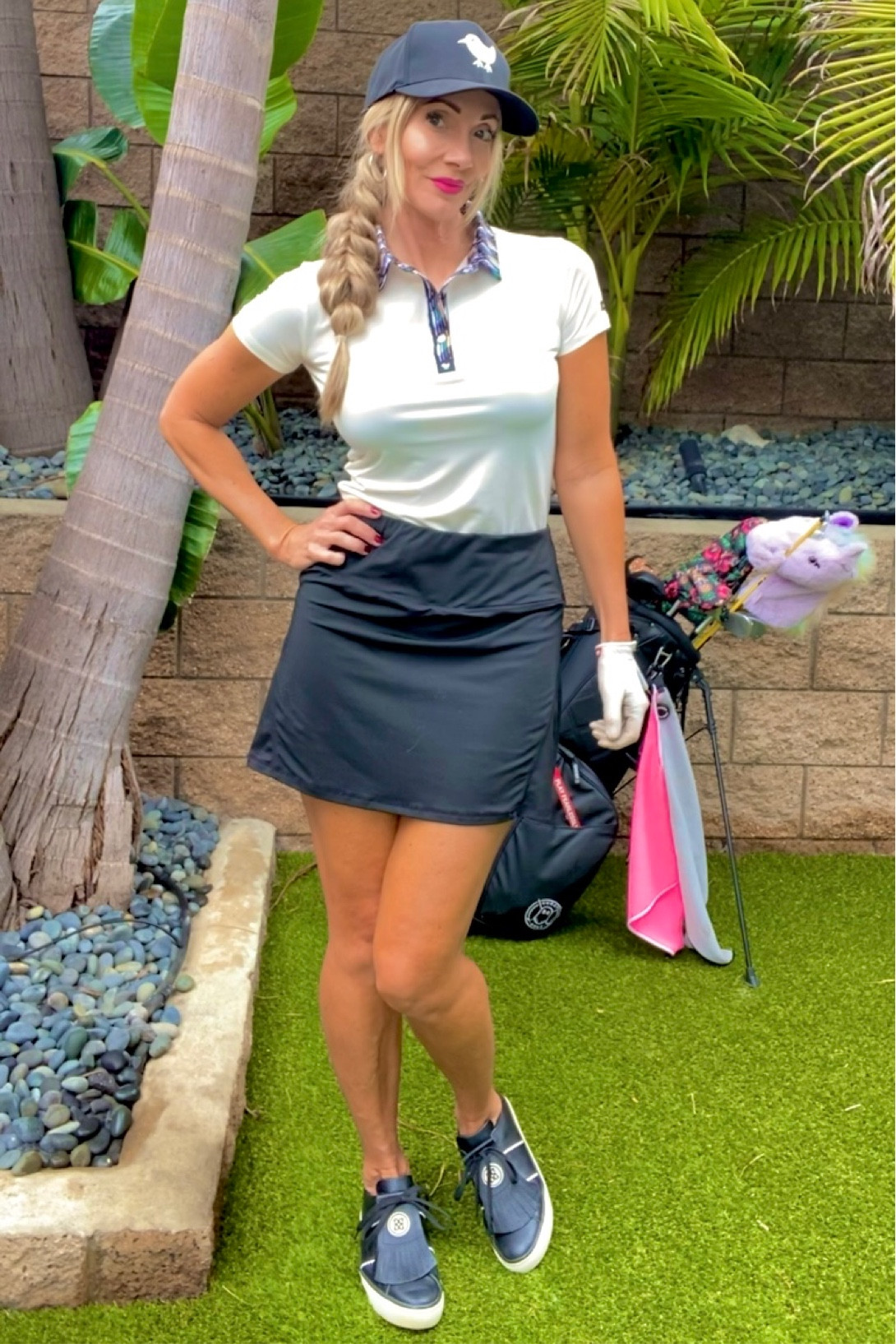 Golf look, black skirt, cream color polo with colorful collar, black hat. I’m obsessed with this golf outfit from Bad Birdie Golf. 
New women’s line dropping May 24th 15% off on Bad Birdie website with Katanastrong15 
#golf #womengolf #ltksports #ltktravel

#LTKfit #LTKcurves #LTKtravel