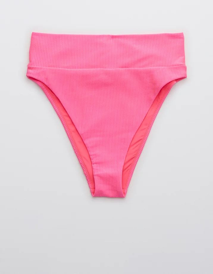 Aerie Ribbed Shine High Cut Cheeky Bikini Bottom | American Eagle Outfitters (US & CA)