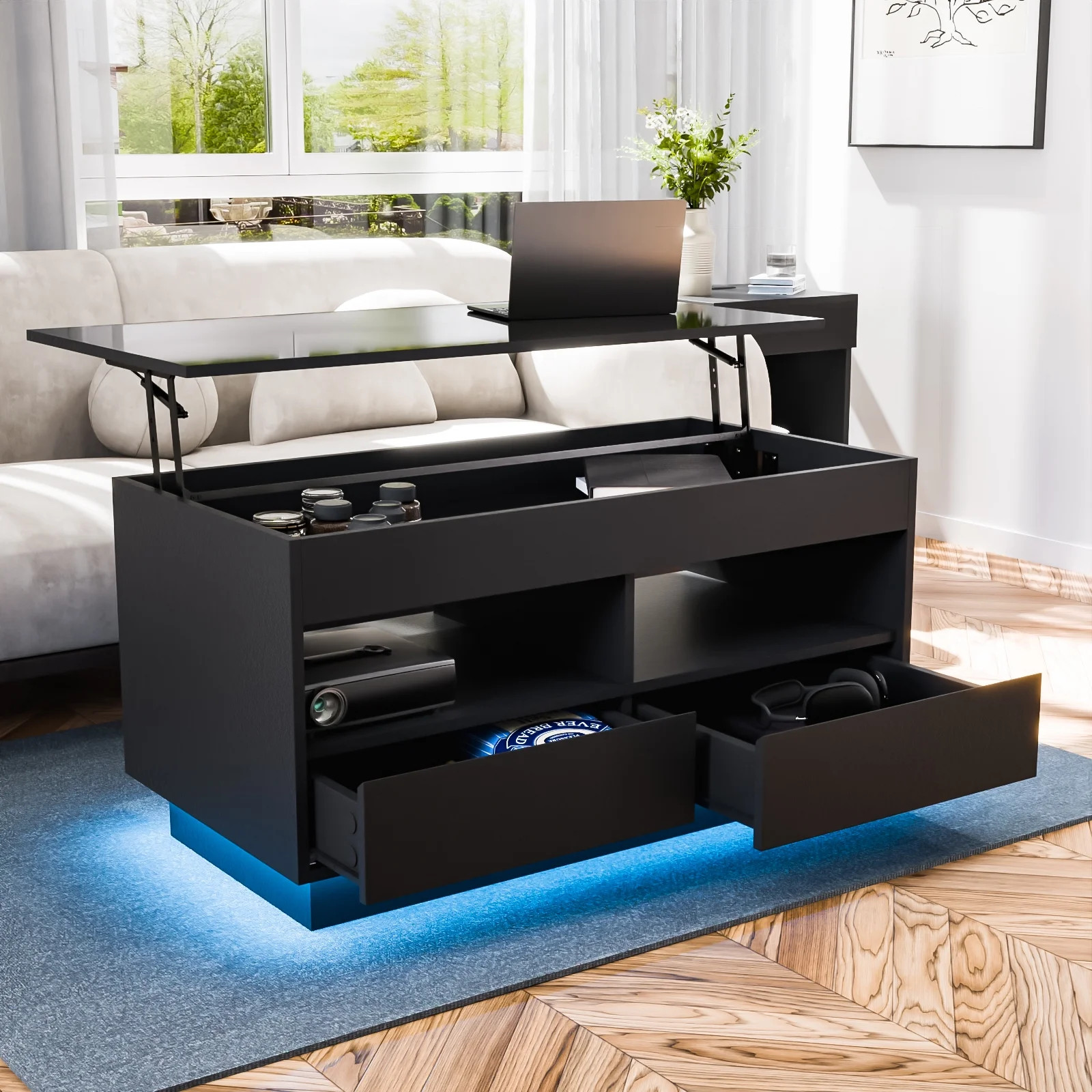 Hommpa Lift Top Coffee Table Rectangle LED Tea Table High Gloss with Open Shelf and Storage Drawe... | Walmart (US)