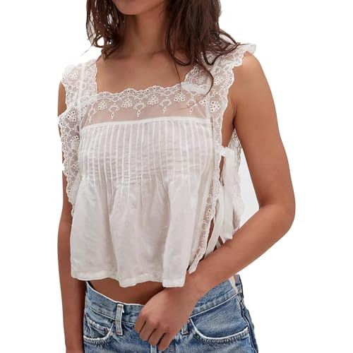 Women Lace Trim Side Tie Tank Top Y2k Sleeveless Flowy Ruffle Cute Summer Clothes Teen Girls White S | Amazon (US)