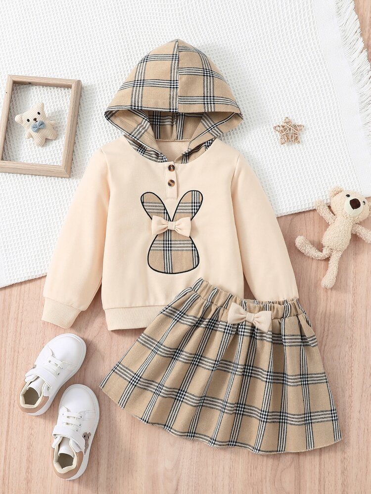 Toddler Girls Plaid Cartoon Embroidery Hoodie & Skirt | SHEIN