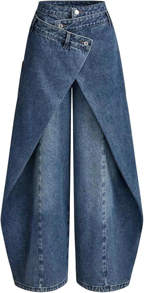 Famnbro Womens Wide Leg Cargo Jeans Y2K Wrap-Front High Waisted Asymmetrical Layered Baggy Denim ... | Amazon (US)