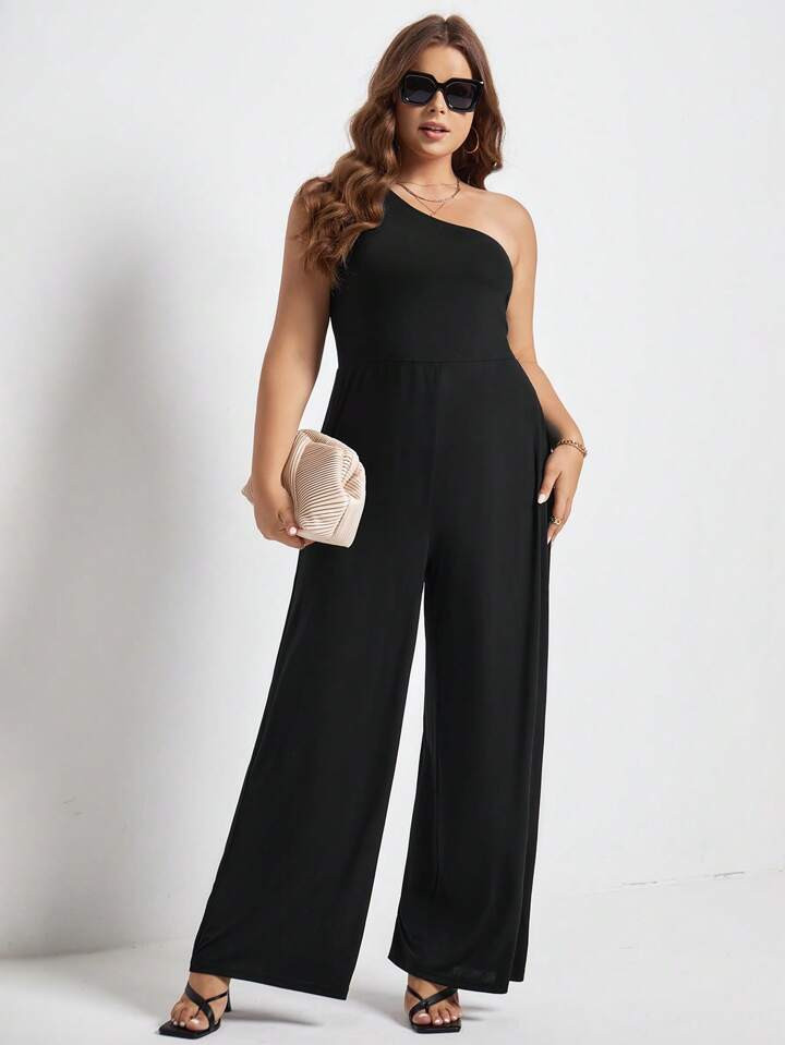 SHEIN Frenchy Plus One Shoulder Wide Leg Jumpsuit Without Belt | SHEIN