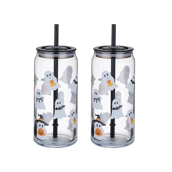 Way to Celebrate Halloween Mixed Ghost Glass Can Sipper Tumblers, 20 oz, 2-Pack | Walmart (US)