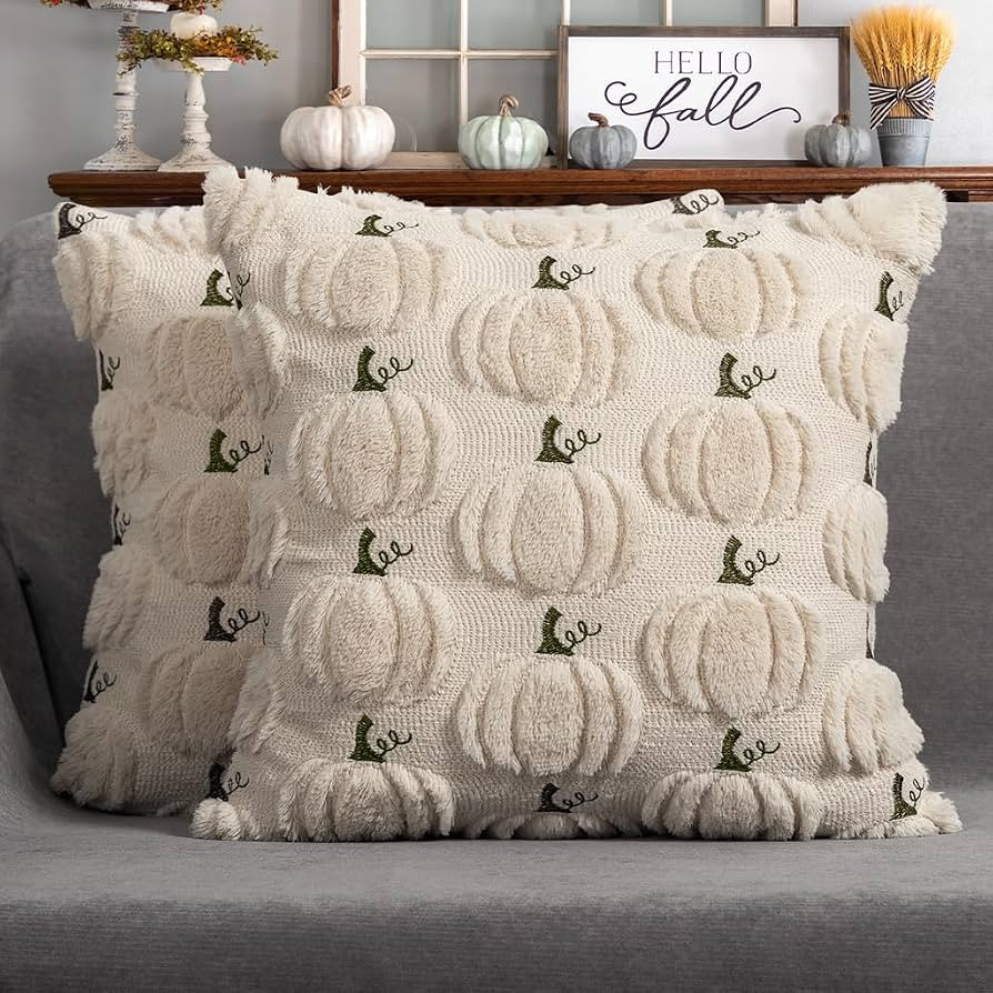 4TH Emotion Fall Pumpkin Decorative Pillow Covers 20x20 Set of 2, Beige Soft Plush Faux Fur Wool ... | Amazon (US)