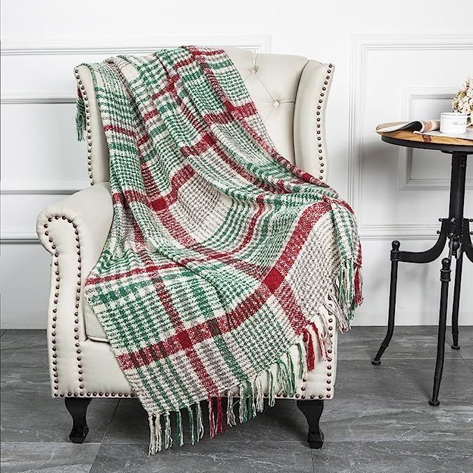 G Lake Green Red Plaid Blanket Throw Acrylic Soft Reversible Dyed Fringed Bed Blanket for Christm... | Amazon (US)