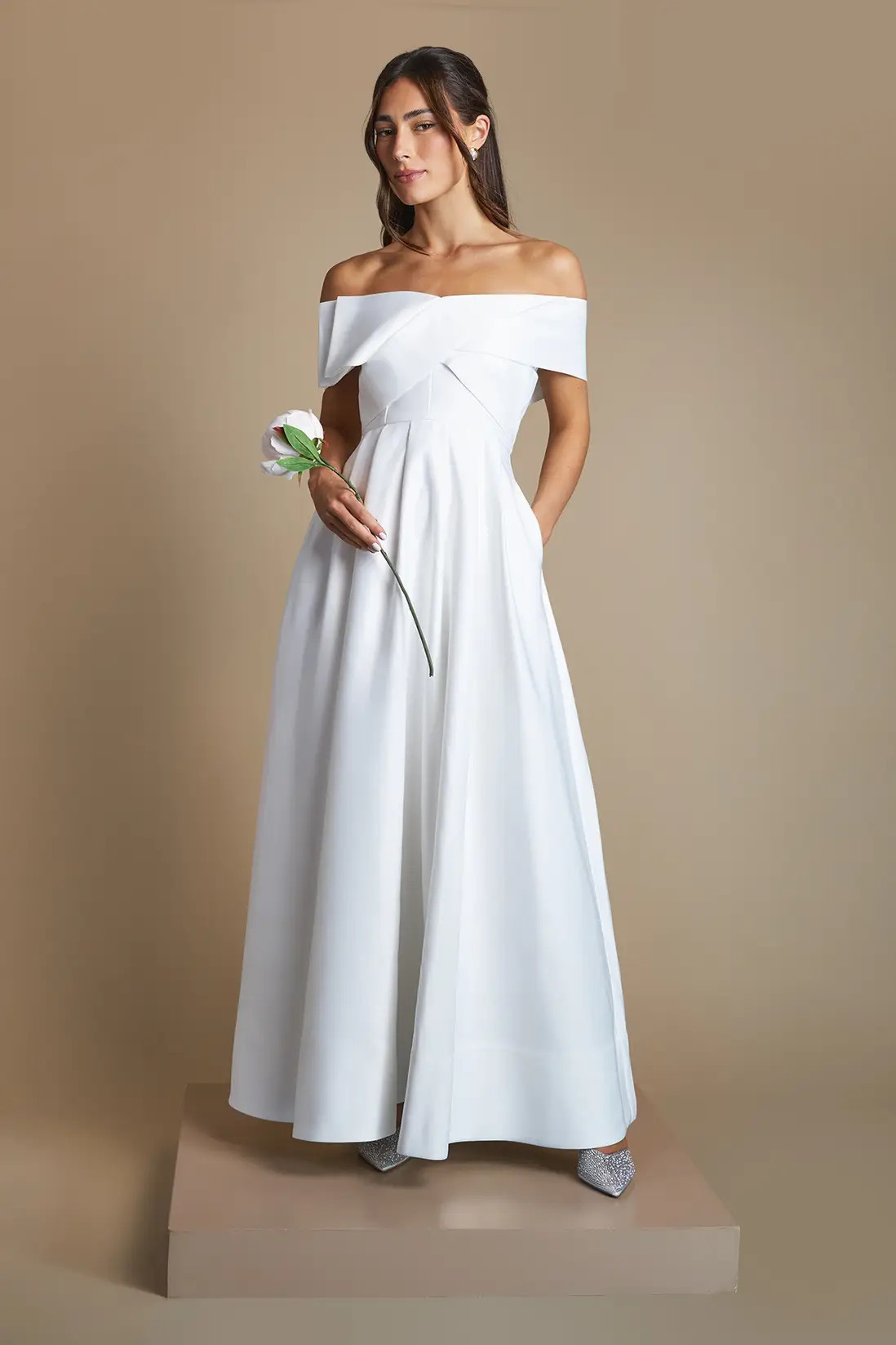 Ivory Coast Petite Bardot Origami Satin Wedding Dress | Boohoo USA | boohoo (US & Canada)