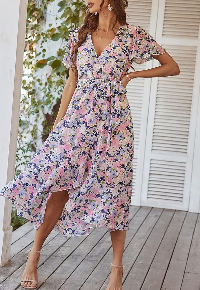 Miessial Women's Summer Chiffon V Neck Ruffle Maxi Dress Polka Dot Long Beach Wrap Dress | Amazon (US)