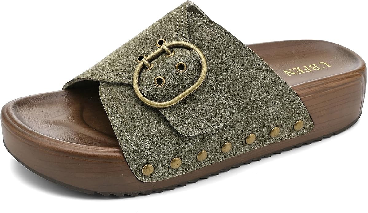 UBFEN Womens Platform Slide Sandals | Real Leather,Buckle Sandals with Cushioned Flatform Footbed... | Amazon (US)
