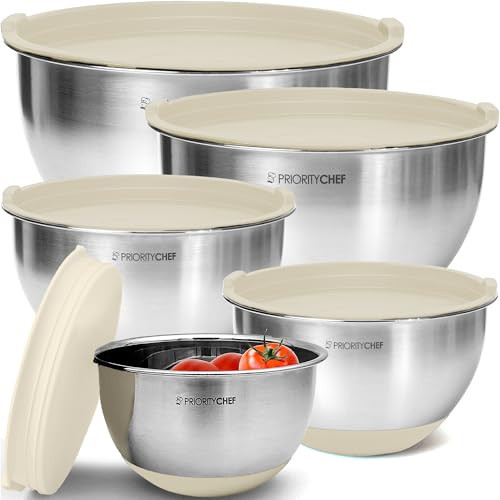 Priority Chef Premium Mixing Bowls With Airtight Lids Set, Thicker Stainless Steel Mixing Bowl Set, Large Prep Metal Bowls with Lids, Nesting Bowls for Kitchen, 1.5/2/3/4/5 Qrt, Khaki | Amazon (US)