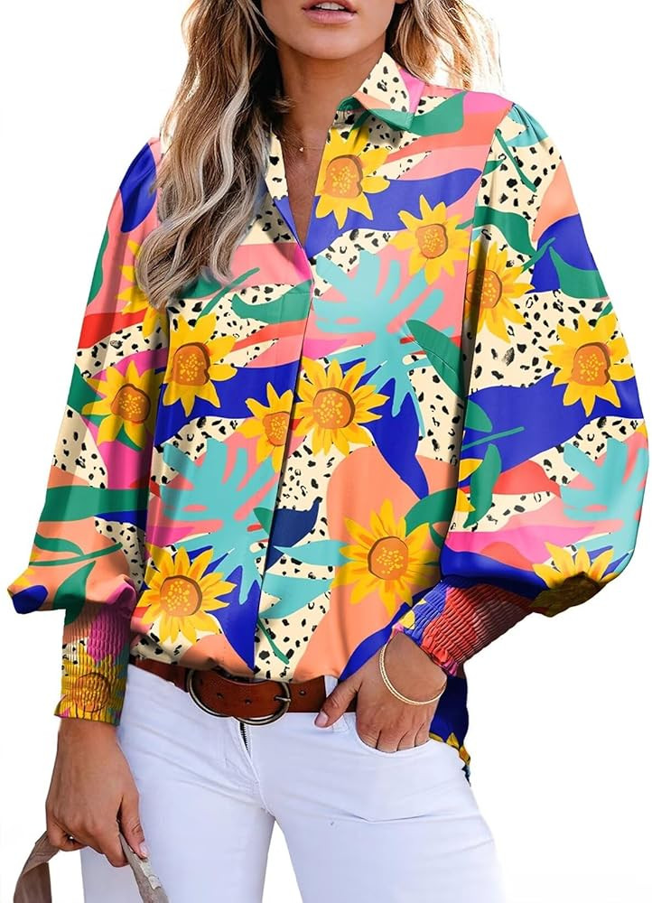 Astylish Women Loose V-Neck Shirts Paisley Print Lantern Sleeve Blouse Boho Tops | Amazon (US)